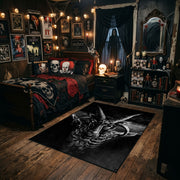 Snarling Horned Demon Area Rug styled in a gothic bedroom