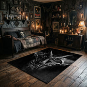 Snarling Horned Demon Area Rug wide room view with spooky decor