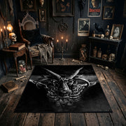 Snarling Horned Demon Area Rug shown in a candlelit dark room