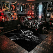 Snarling Horned Demon Area Rug displayed beside a decorated bed