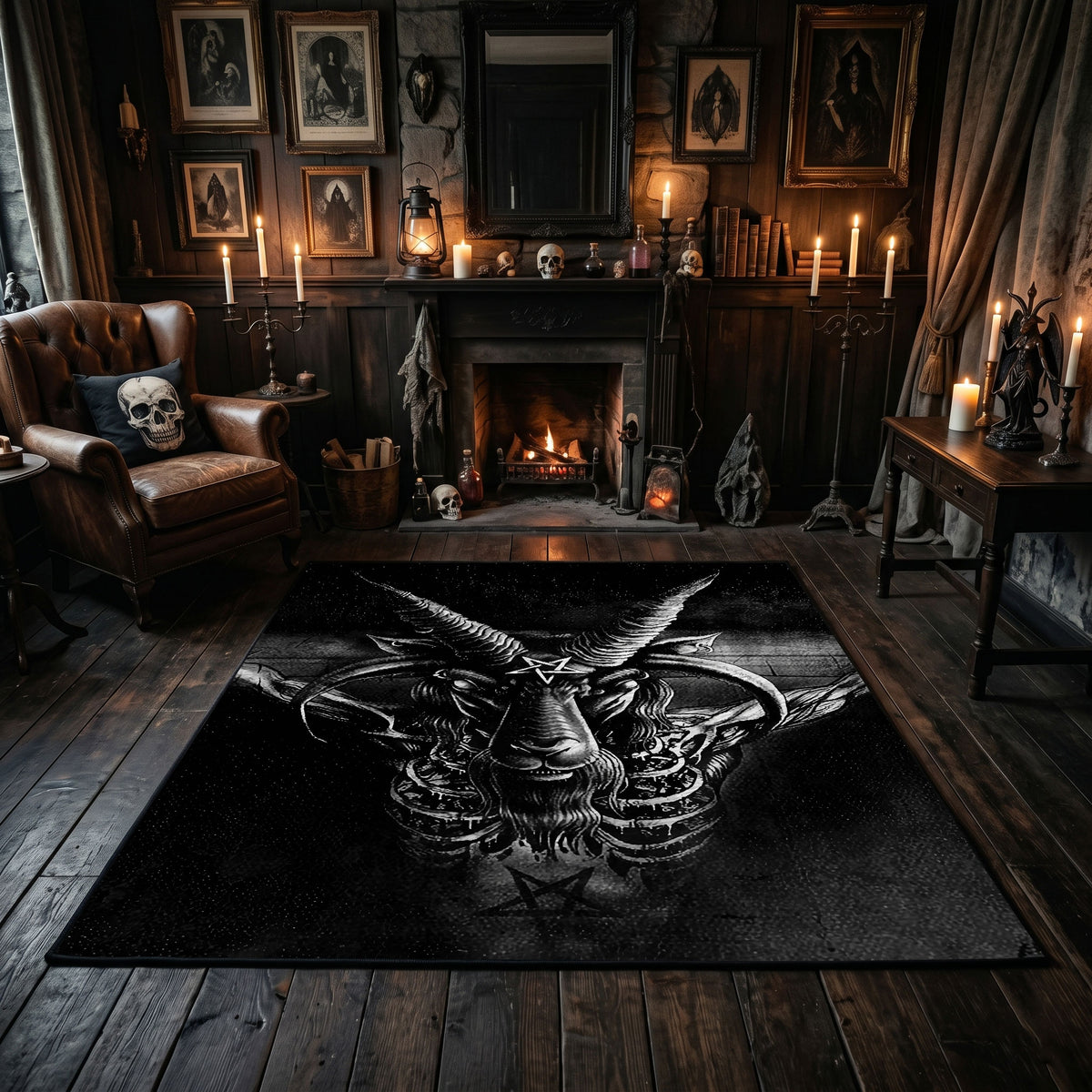 Snarling Horned Demon Area Rug centered in a moody living room
