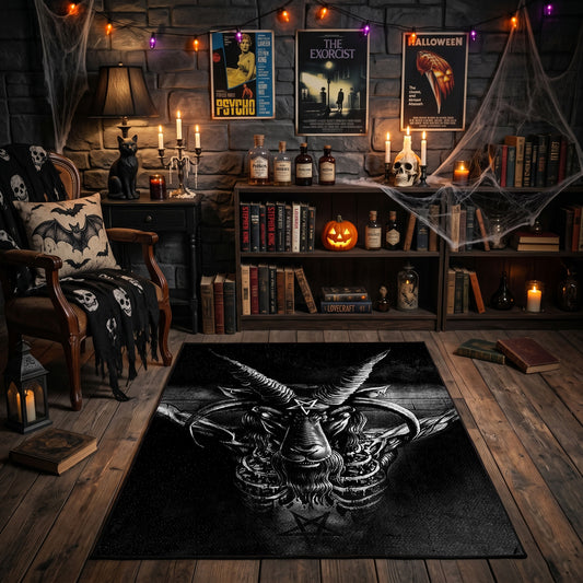 Snarling Horned Demon Area Rug front view near a fireplace