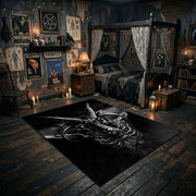 Snarling Horned Demon Area Rug angled view with dark furniture