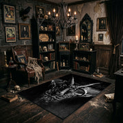 Snarling Horned Demon Area Rug shown with vintage gothic decor