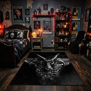 Snarling Horned Demon Area Rug displayed beneath framed wall art