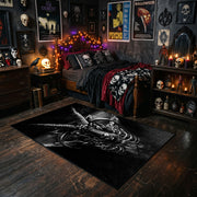 Snarling Horned Demon Area Rug styled with red Halloween accents