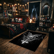 Winged Goat Skull Area Rug styled in a gothic bedroom
