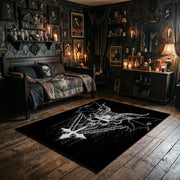 Winged Goat Skull Area Rug wide room view with spooky decor