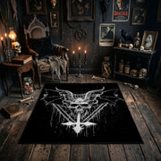 Winged Goat Skull Area Rug shown in a candlelit dark room