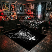 Winged Goat Skull Area Rug displayed beside a decorated bed