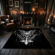 Winged Goat Skull Area Rug centered in a moody living room