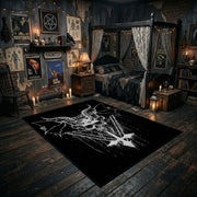 Winged Goat Skull Area Rug angled view with dark furniture
