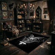 Winged Goat Skull Area Rug shown with vintage gothic decor