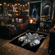 Bull Skull Blackwork Area Rug styled in a gothic bedroom