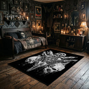 Bull Skull Blackwork Area Rug wide room view with spooky decor