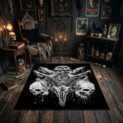 Bull Skull Blackwork Area Rug shown in a candlelit dark room