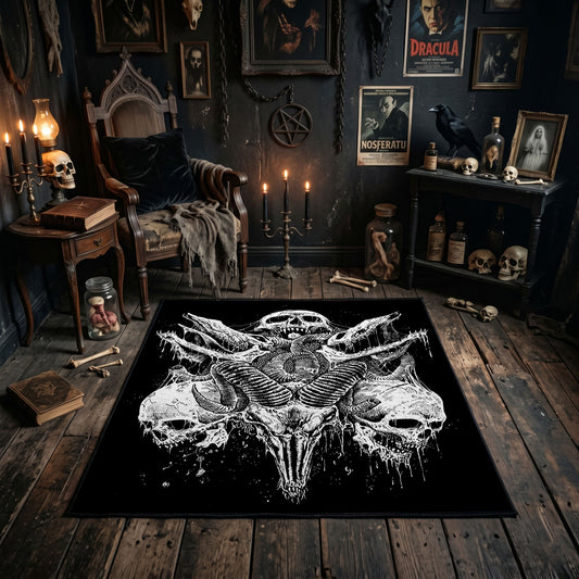 Bull Skull Blackwork Area Rug shown in a candlelit dark room