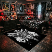 Bull Skull Blackwork Area Rug displayed beside a decorated bed
