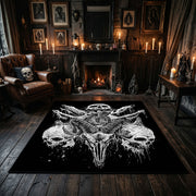 Bull Skull Blackwork Area Rug centered in a moody living room