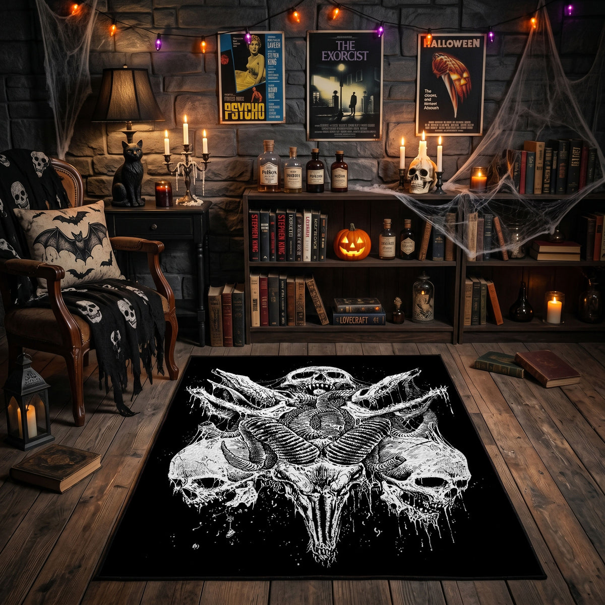 Bull Skull Blackwork Area Rug front view near a fireplace