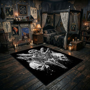 Bull Skull Blackwork Area Rug angled view with dark furniture