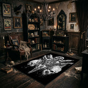 Bull Skull Blackwork Area Rug shown with vintage gothic decor