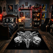 Bull Skull Blackwork Area Rug displayed beneath framed wall art