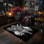 Bull Skull Blackwork Area Rug styled with red Halloween accents