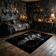 Hooded Reaper Skeleton Area Rug wide room view with spooky decor