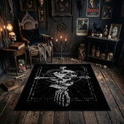 Hooded Reaper Skeleton Area Rug shown in a candlelit dark room