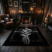 Hooded Reaper Skeleton Area Rug centered in a moody living room