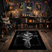 Hooded Reaper Skeleton Area Rug front view near a fireplace