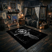 Hooded Reaper Skeleton Area Rug angled view with dark furniture