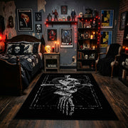 Hooded Reaper Skeleton Area Rug displayed beneath framed wall art
