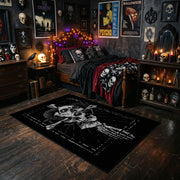 Hooded Reaper Skeleton Area Rug styled with red Halloween accents