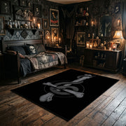 Serpent Sword Emblem Area Rug wide room view with spooky decor