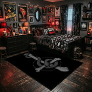 Serpent Sword Emblem Area Rug displayed beside a decorated bed