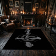 Serpent Sword Emblem Area Rug centered in a moody living room