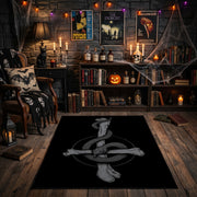 Serpent Sword Emblem Area Rug front view near a fireplace