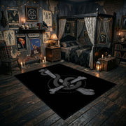 Serpent Sword Emblem Area Rug angled view with dark furniture