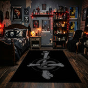 Serpent Sword Emblem Area Rug displayed beneath framed wall art