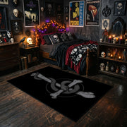 Serpent Sword Emblem Area Rug styled with red Halloween accents