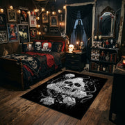 Skull Mushroom Garden Area Rug styled in a gothic bedroom