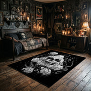 Skull Mushroom Garden Area Rug wide room view with spooky decor