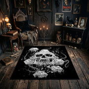 Skull Mushroom Garden Area Rug shown in a candlelit dark room