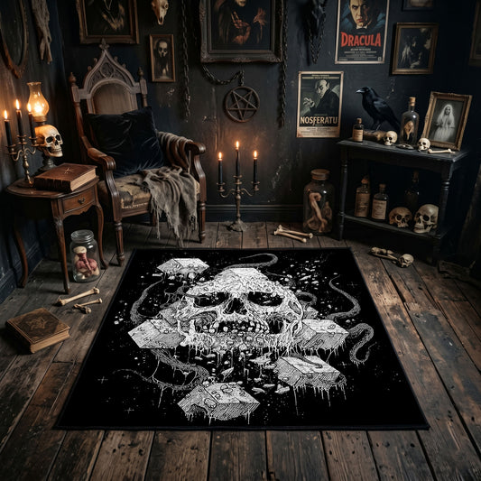 Skull Mushroom Garden Area Rug shown in a candlelit dark room