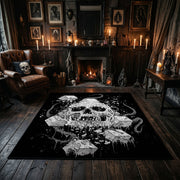 Skull Mushroom Garden Area Rug centered in a moody living room
