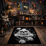 Skull Mushroom Garden Area Rug front view near a fireplace
