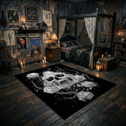 Skull Mushroom Garden Area Rug angled view with dark furniture