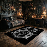 Pentagram Goat Skull Area Rug wide room view with spooky decor